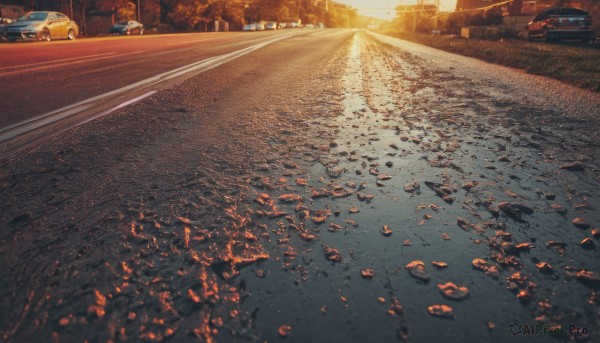 outdoors,tree,no humans,sunlight,ground vehicle,building,scenery,motor vehicle,sunset,city,realistic,car,road,lamppost,street,sky,shadow,fire,evening,debris,destruction,vanishing point