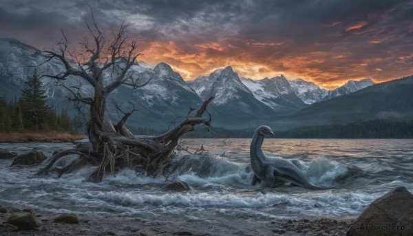 outdoors,sky,cloud,water,tree,no humans,bird,ocean,cloudy sky,nature,scenery,snow,sunset,rock,mountain,bare tree,waves,signature,watermark,landscape,mountainous horizon,shore,orange sky