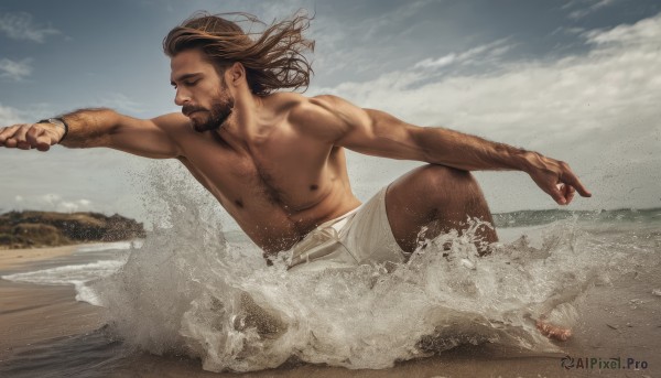 solo,long hair,brown hair,black hair,1boy,nipples,full body,closed eyes,male focus,outdoors,sky,shorts,barefoot,day,cloud,dark skin,water,muscular,facial hair,ocean,beach,dark-skinned male,pectorals,muscular male,beard,topless male,white shorts,mature male,realistic,mustache,sand,splashing,chest hair,waves,leg hair,arm hair,hairy,closed mouth,scar,abs,cloudy sky,wind,bara,running,watercraft,boat,fine art parody