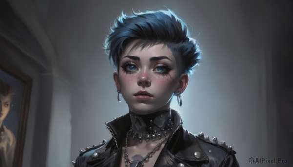 1girl,solo,short hair,blue eyes,black hair,jewelry,closed mouth,blue hair,jacket,upper body,earrings,solo focus,choker,indoors,necklace,collar,lips,black jacket,tattoo,makeup,chain,scar,piercing,ear piercing,portrait,spikes,freckles,realistic,nose,very short hair,leather,undercut,spiked collar,leather jacket,mascara,vi (league of legends),looking at viewer,blush,bangs,shiny,facial tattoo,neck tattoo,nose piercing,portrait (object)