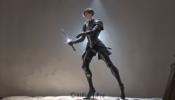 solo,short hair,brown hair,black hair,gloves,1boy,holding,closed mouth,standing,full body,closed eyes,weapon,male focus,boots,sword,holding weapon,armor,high heels,holding sword,shoulder armor,gauntlets,sheath,legs apart,pauldrons,breastplate,glint,fighting stance,armored boots,knight,unsheathing,crack,1girl,black gloves,pants,indoors,grey background,black footwear,blurry,profile,glowing,thigh boots,black pants,high heel boots,vambraces,greaves,faulds,black armor,hyur,leg armor