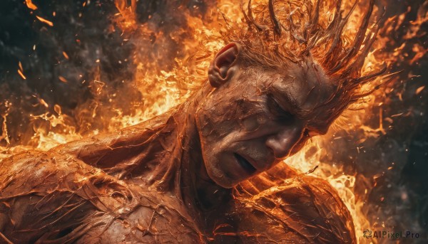 solo,short hair,1boy,closed mouth,closed eyes,upper body,male focus,armor,scar,fire,crown,portrait,facing viewer,realistic,embers,orange theme,burning,shoulder armor,veins,pauldrons,fiery hair