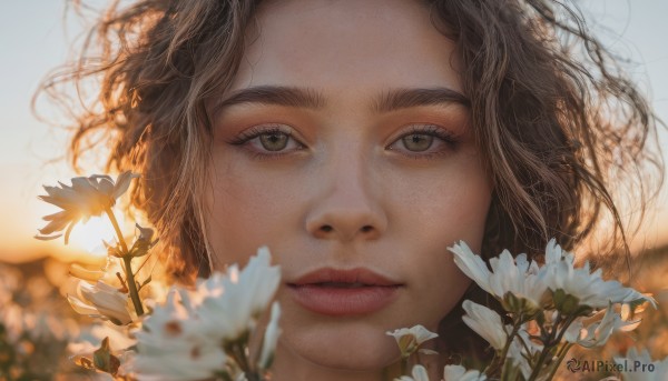 1girl, solo, looking at viewer, brown hair, brown eyes, flower, parted lips, blurry, lips, eyelashes, depth of field, white flower, portrait, close-up, realistic, nose