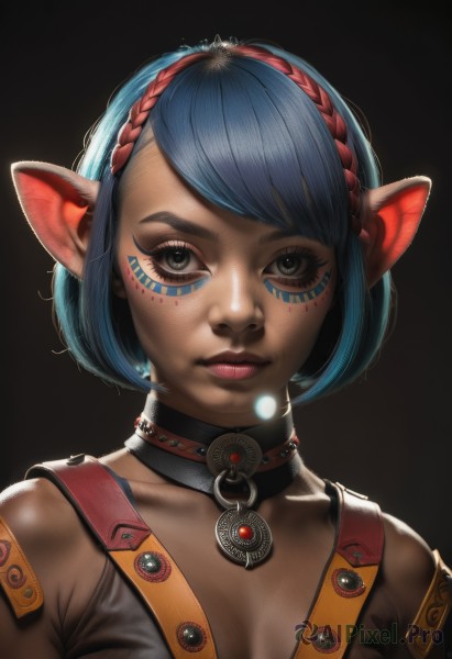 1girl,solo,breasts,looking at viewer,short hair,bangs,simple background,animal ears,cleavage,bare shoulders,jewelry,medium breasts,closed mouth,blue hair,upper body,hairband,choker,pointy ears,dark skin,black eyes,dark-skinned female,lips,grey eyes,eyelashes,makeup,swept bangs,facial mark,black background,portrait,eyeshadow,realistic,nose,facepaint,blue eyes,collarbone,braid,artist name,signature