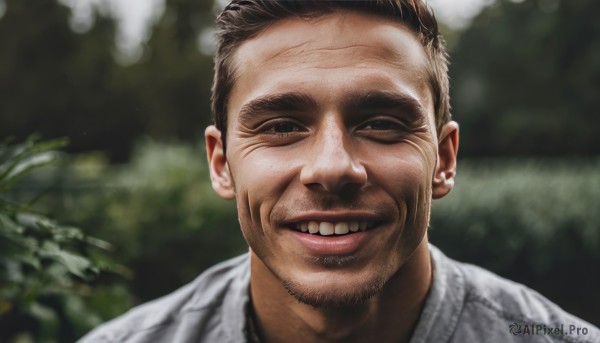 solo,looking at viewer,smile,short hair,brown hair,shirt,black hair,1boy,brown eyes,white shirt,male focus,outdoors,parted lips,teeth,grin,blurry,black eyes,blurry background,facial hair,thick eyebrows,portrait,beard,realistic,stubble,open mouth,lips,depth of field,meme,very short hair