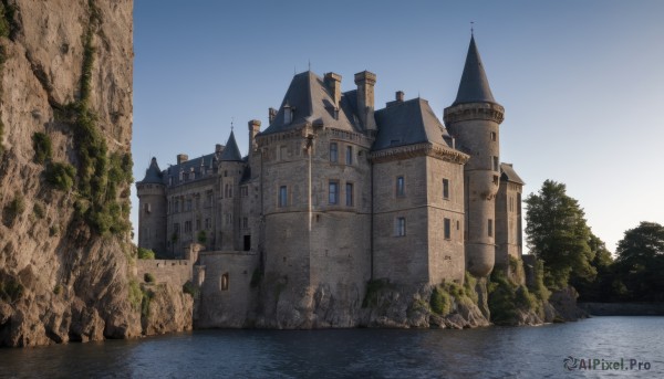 outdoors,sky,day,water,tree,blue sky,no humans,window,building,nature,scenery,road,house,castle,path,rock,fantasy,wall,architecture,bridge,river,tower,cliff,arch