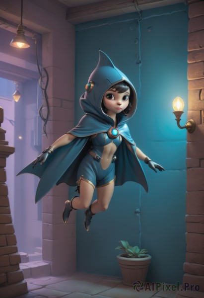 1girl,solo,breasts,looking at viewer,smile,short hair,bangs,brown hair,black hair,gloves,navel,brown eyes,jewelry,closed mouth,full body,small breasts,boots,shorts,black gloves,midriff,belt,artist name,indoors,hood,cape,black eyes,bracelet,lips,makeup,plant,brooch,gem,cloak,hood up,floating,jumping,stairs,nose,door,blue gloves,potted plant,wall,brick wall,hooded cloak,flower pot,hooded cape,alley,stone wall,fingerless gloves,nail polish,lamp