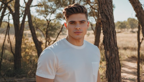 solo,looking at viewer,smile,short hair,brown hair,shirt,black hair,1boy,brown eyes,white shirt,upper body,short sleeves,male focus,outdoors,day,hair bun,blurry,black eyes,tree,wet,blurry background,facial hair,t-shirt,wet clothes,nature,realistic,stubble,wet shirt,photo background,closed mouth,see-through,muscular,pectorals,muscular male,bara,undercut