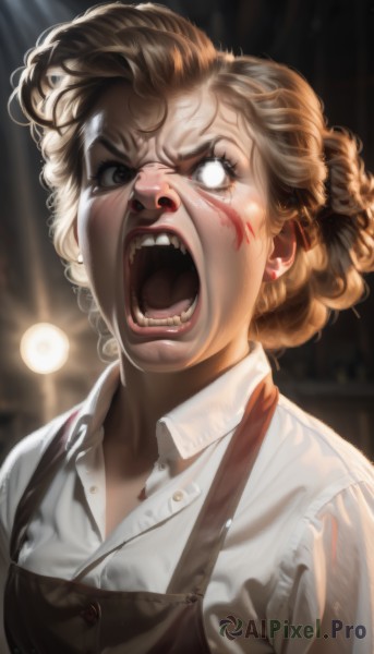 1girl,solo,short hair,open mouth,blonde hair,shirt,jewelry,white shirt,upper body,earrings,teeth,collared shirt,blurry,apron,blood,blurry background,parody,angry,curly hair,blood on face,realistic,nose,shouting,black apron,brown hair,brown eyes,lips,dress shirt,scar,veins,white eyes,screaming