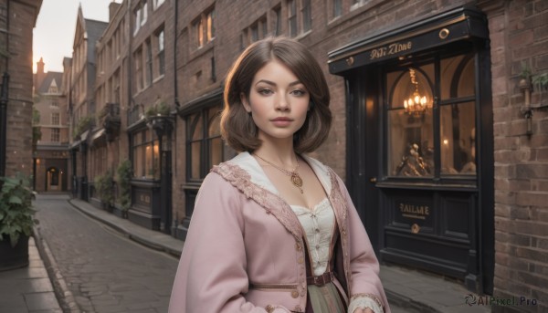 1girl,solo,breasts,looking at viewer,smile,short hair,brown hair,shirt,long sleeves,dress,cleavage,brown eyes,jewelry,medium breasts,closed mouth,collarbone,jacket,white shirt,upper body,outdoors,open clothes,day,belt,medium hair,necklace,lips,coat,window,buttons,plant,blouse,building,scenery,pendant,city,realistic,nose,door,potted plant,road,pink jacket,brick wall,lamppost,street,pavement,storefront,bangs,earrings,hand in pocket,hands in pockets