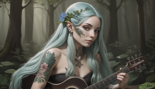 1girl,solo,long hair,breasts,looking at viewer,blue eyes,hair ornament,holding,cleavage,bare shoulders,jewelry,medium breasts,closed mouth,blue hair,upper body,flower,earrings,outdoors,hair flower,necklace,tree,lips,fingernails,grey eyes,eyelashes,strapless,tattoo,leaf,piercing,plant,instrument,ear piercing,nature,forest,blue flower,realistic,nose,music,guitar,red lips,arm tattoo,shoulder tattoo,facial tattoo,playing instrument,holding instrument,chest tattoo,mascara,neck tattoo,aqua hair,forehead,head wreath