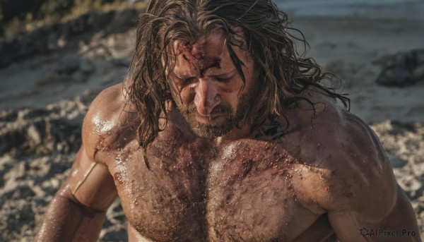 solo,long hair,brown hair,black hair,1boy,closed mouth,closed eyes,upper body,male focus,nude,outdoors,dark skin,medium hair,water,blurry,wet,blood,muscular,blurry background,facial hair,scar,dark-skinned male,muscular male,beard,topless male,rock,mature male,realistic,mustache,chest hair,photo background,arm hair,shiny,shiny skin,completely nude,beach,messy hair,wet hair,mechanical arms,dirty,single mechanical arm