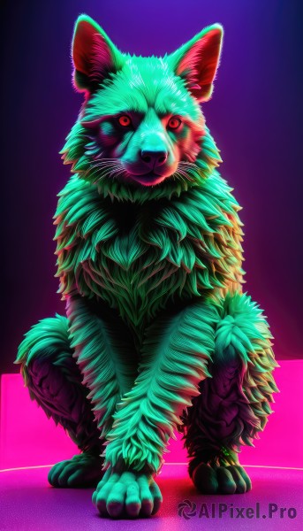 solo,looking at viewer,smile,red eyes,closed mouth,full body,gradient,gradient background,pokemon (creature),no humans,animal,squatting,cat,colored sclera,purple background,animal focus,whiskers,signature,pink background,dog,realistic