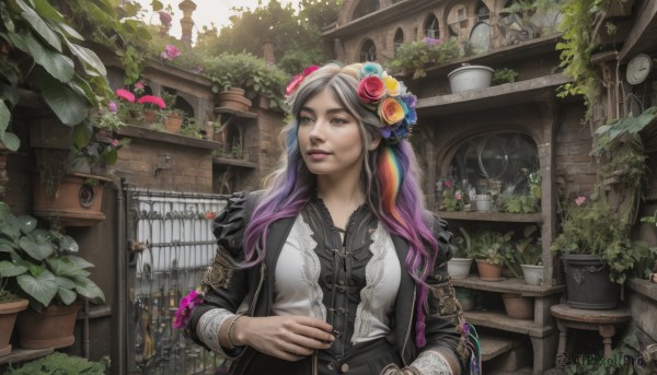 1girl,solo,long hair,brown hair,hair ornament,long sleeves,brown eyes,jewelry,standing,jacket,upper body,purple hair,flower,grey hair,multicolored hair,parted lips,solo focus,day,indoors,hair flower,two-tone hair,cup,lips,black jacket,looking to the side,window,gradient hair,makeup,leaf,wavy hair,chair,looking away,table,sunlight,plant,scenery,pink flower,realistic,yellow flower,nose,fantasy,purple flower,clock,potted plant,vines,shelf,hand on own stomach,flower pot,arch,bangs,holding,pink hair,outdoors,open clothes,artist name,signature,necklace,dated,watermark,bottle,cross,brick wall,orange flower