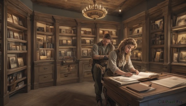 1girl,long hair,blonde hair,brown hair,shirt,long sleeves,1boy,holding,jewelry,sitting,closed eyes,white shirt,male focus,boots,multiple boys,collared shirt,pants,indoors,2boys,vest,cup,book,window,facial hair,chair,table,bottle,beard,desk,sleeves rolled up,wooden floor,paper,bookshelf,pen,lamp,photo (object),shelf,writing,counter,ceiling light,braid,suspenders,striped shirt,brown pants,ceiling