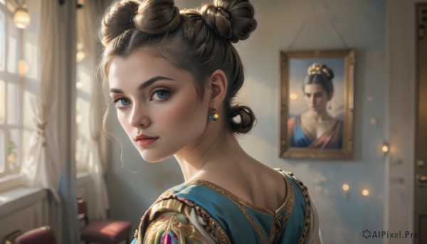 1girl,solo,looking at viewer,short hair,blue eyes,brown hair,black hair,dress,jewelry,closed mouth,upper body,earrings,looking back,indoors,hair bun,from behind,blurry,lips,eyelashes,window,double bun,makeup,depth of field,blurry background,blue dress,chair,single hair bun,curtains,portrait,freckles,realistic,nose,red lips,lamp,picture frame,painting (object),mascara,portrait (object),sunlight,gem,updo