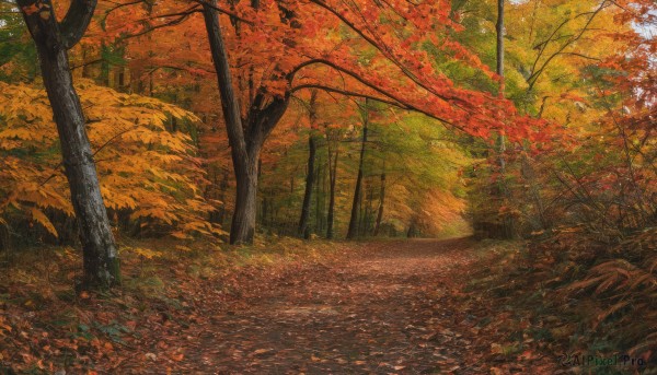 outdoors,day,tree,dutch angle,no humans,leaf,traditional media,sunlight,grass,nature,scenery,forest,road,autumn leaves,maple leaf,autumn,path,landscape