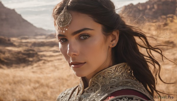 1girl,solo,long hair,looking at viewer,smile,brown hair,black hair,brown eyes,jewelry,closed mouth,upper body,earrings,outdoors,day,armor,blurry,lips,depth of field,blurry background,piercing,portrait,freckles,circlet,mountain,realistic,nose,stud earrings,eyelashes,desert