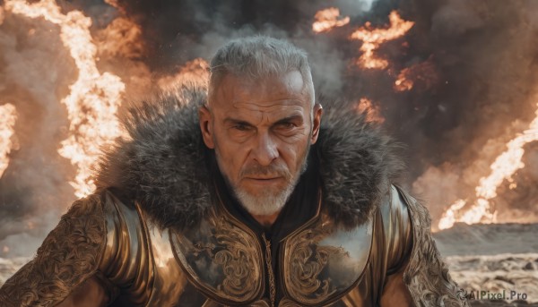 solo,looking at viewer,1boy,brown eyes,closed mouth,upper body,white hair,grey hair,male focus,outdoors,sky,cloud,armor,fur trim,facial hair,scar,cloudy sky,shoulder armor,beard,scar on face,smoke,scar across eye,manly,old,old man,wrinkled skin,smile,short hair,water,ocean,beach,fire,fur collar,pauldrons,realistic,mustache,waves