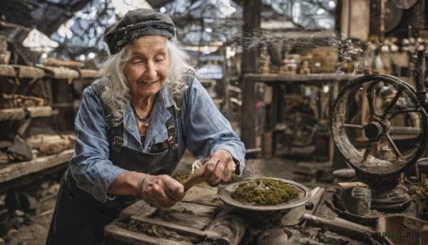 solo,long hair,smile,blonde hair,shirt,long sleeves,1boy,hat,holding,jewelry,closed mouth,closed eyes,white hair,male focus,striped,collared shirt,indoors,necklace,blurry,apron,black headwear,leaning forward,depth of field,blurry background,facial hair,scar,blue shirt,ground vehicle,motor vehicle,beard,sleeves rolled up,striped shirt,realistic,overalls,old,old man,wrench,black apron,1girl,food,bracelet,knife,scar on face,plate,watch,dirty,photo background,dirty face,old woman,pasta,wrinkled skin