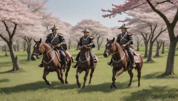 hat,weapon,male focus,outdoors,multiple boys,sky,day,sword,armor,tree,no humans,animal,helmet,grass,cherry blossoms,scenery,riding,japanese armor,horse,samurai,horseback riding,spring (season),reins,saddle,holding,japanese clothes,signature,blue sky,bandages,crossed arms,katana,3boys,sheath,hakama,6+boys,4boys,sheathed,cow