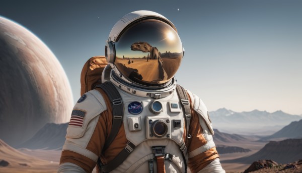 solo,1boy,upper body,male focus,outdoors,sky,helmet,scenery,1other,science fiction,mountain,realistic,space,planet,ambiguous gender,earth (planet),american flag,spacesuit,japanese flag,pilot,space helmet,astronaut,mount fuji,bag,moon,backpack,star (sky),sun,dirty,spacecraft,desert,united states