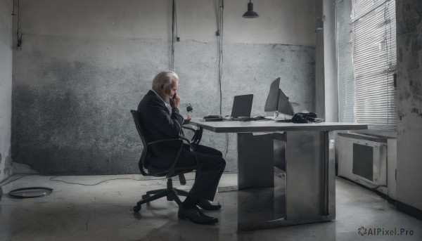 solo,short hair,long sleeves,1boy,holding,sitting,jacket,flower,male focus,shoes,pants,indoors,black footwear,from side,cup,black jacket,window,chair,phone,black pants,formal,table,suit,desk,paper,lamp,cable,computer,monitor,black suit,keyboard (computer),office chair,blinds,office,talking on phone,desk lamp,corded phone,blonde hair,brown hair,facial hair,beard,cigarette,mug,smoking,old,old man,laptop,mouse (computer),grey theme