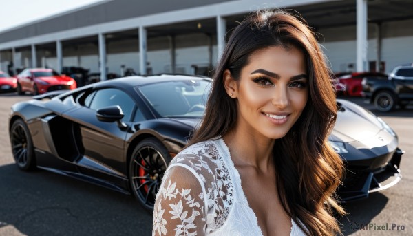 1girl,solo,long hair,breasts,looking at viewer,smile,brown hair,black hair,cleavage,brown eyes,jewelry,medium breasts,collarbone,upper body,earrings,outdoors,teeth,dark skin,grin,blurry,dark-skinned female,lips,makeup,blurry background,ground vehicle,motor vehicle,realistic,nose,car,hair behind ear,vehicle focus,sports car,large breasts,dress,day,white dress,mole,fangs,sunlight,photo background