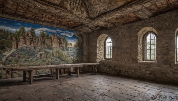 outdoors,sky,day,cloud,tree,blue sky,no humans,window,cloudy sky,building,scenery,stairs,fantasy,railing,wall,architecture,ruins,bridge,pillar,arch,indoors,plant,mountain,castle,landscape,stone wall