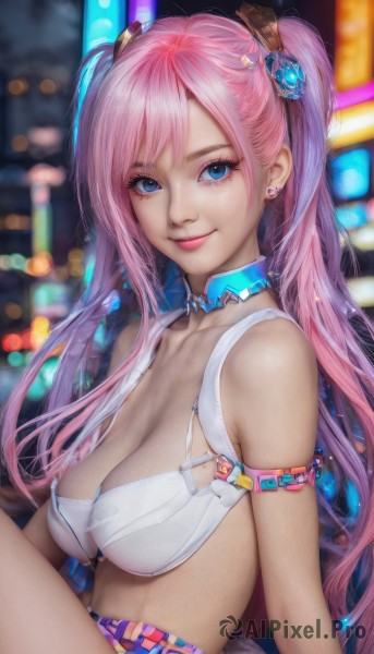 1girl,solo,long hair,breasts,looking at viewer,smile,bangs,blue eyes,large breasts,hair ornament,navel,cleavage,bare shoulders,twintails,jewelry,medium breasts,sitting,closed mouth,underwear,swimsuit,upper body,pink hair,bikini,earrings,shorts,choker,midriff,belt,bra,blurry,lips,eyelashes,makeup,blurry background,piercing,bikini top only,white bra,realistic,stud earrings,collarbone,mole,from side,depth of field,lipstick,eyeshadow,mole on breast,mascara