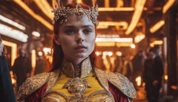 1girl,long hair,brown hair,dress,brown eyes,jewelry,closed mouth,upper body,red hair,earrings,multiple boys,solo focus,indoors,armor,blurry,black eyes,lips,dutch angle,depth of field,blurry background,chinese clothes,tiara,crown,gem,realistic,looking at viewer,portrait,freckles