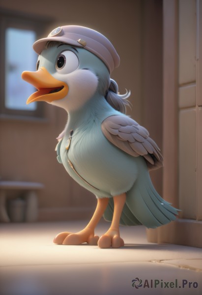 solo,open mouth,shirt,hat,standing,full body,ponytail,male focus,wings,artist name,indoors,blurry,black eyes,window,blurry background,bird,feathered wings,furry,animal focus,duck,beak,smile,no humans,watermark