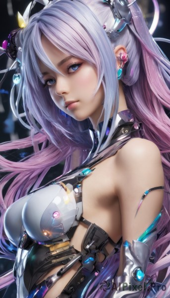 1girl,solo,long hair,breasts,looking at viewer,bangs,blue eyes,hair ornament,gloves,hair between eyes,bare shoulders,jewelry,medium breasts,closed mouth,upper body,pink hair,purple hair,multicolored hair,earrings,elbow gloves,shiny,from side,leotard,lips,bodysuit,sideboob,gradient hair,headgear,science fiction,realistic,nose,very long hair,sidelocks,artist name,eyelashes,expressionless,light purple hair