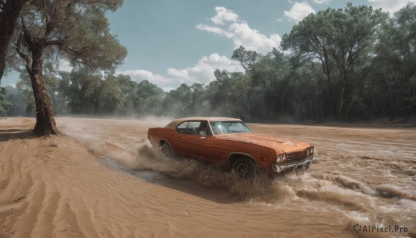 outdoors,sky,day,cloud,tree,blue sky,no humans,cloudy sky,ground vehicle,nature,scenery,motor vehicle,forest,realistic,car,road,vehicle focus,sand,desert,dust,sports car