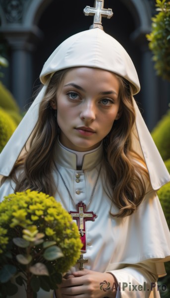 1girl,solo,long hair,looking at viewer,blue eyes,brown hair,long sleeves,holding,jewelry,closed mouth,upper body,flower,necklace,blurry,lips,blurry background,wavy hair,cross,veil,freckles,bouquet,realistic,holding flower,nun,habit,cross necklace,latin cross,church,blonde hair,outdoors,parted lips,plant,robe,nose