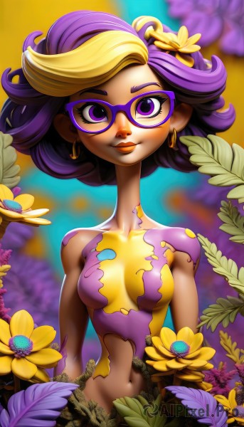 1girl,solo,breasts,looking at viewer,smile,short hair,blonde hair,hair ornament,navel,jewelry,medium breasts,purple eyes,collarbone,upper body,purple hair,flower,nude,multicolored hair,earrings,small breasts,glasses,hair flower,two-tone hair,lips,eyelashes,makeup,leaf,lipstick,eyeshadow,personification,yellow flower,purple lips,purple-framed eyewear,closed mouth,artist name,blurry,depth of field,colored skin,watermark,plant,curly hair,yellow skin