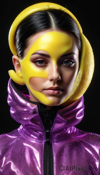 1girl,solo,looking at viewer,short hair,simple background,black hair,closed mouth,upper body,black eyes,lips,eyelashes,bodysuit,makeup,helmet,black background,portrait,zipper,high collar,realistic,nose,purple jacket,purple bodysuit,jacket,shiny,expressionless,science fiction,shiny clothes,serious,latex