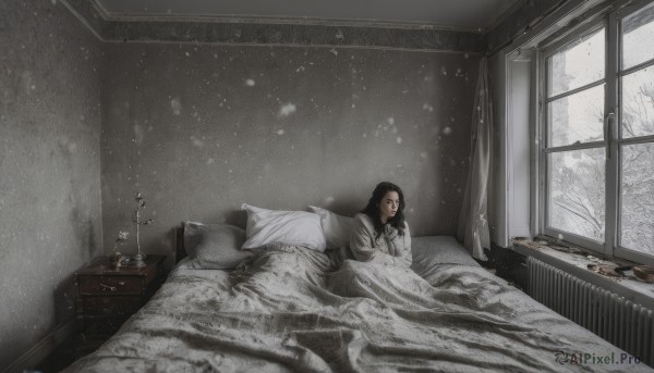 1girl,solo,long hair,black hair,long sleeves,dress,monochrome,flower,lying,indoors,white dress,tree,pillow,window,bed,on bed,on stomach,curtains,snow,snowing,blanket,winter,bare tree,vase,drawer,looking at viewer,realistic,lamp,grey theme