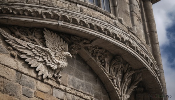 outdoors,wings,sky,day,cloud,dutch angle,no humans,bird,cloudy sky,scenery,feathered wings,stairs,fantasy,ruins,bridge,pillar,statue,arch,stone floor,solo,feathers,flying,white wings,wall,talons