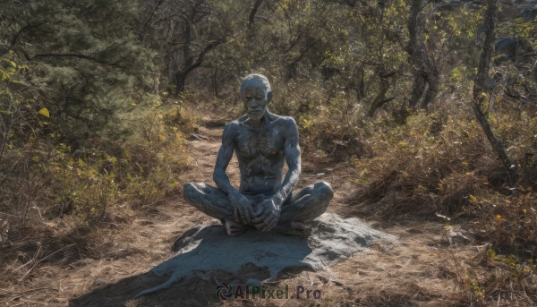 solo,looking at viewer,short hair,1boy,sitting,closed mouth,white hair,male focus,outdoors,barefoot,day,tree,muscular,colored skin,facial hair,bandages,muscular male,nature,scenery,forest,topless male,rock,indian style,navel,collarbone,full body,closed eyes,artist name,abs,facing viewer,toned,bandaged arm,blue skin,bald,on ground