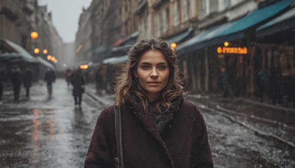 1girl,solo,long hair,looking at viewer,smile,brown hair,brown eyes,closed mouth,upper body,outdoors,solo focus,blurry,lips,coat,depth of field,blurry background,ground vehicle,building,motor vehicle,snow,rain,curly hair,snowing,realistic,car,road,real world location,day,artist name,scenery,winter clothes,winter,horse,street