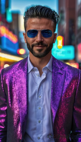 solo,looking at viewer,smile,short hair,shirt,black hair,1boy,closed mouth,jacket,white shirt,upper body,male focus,outdoors,open clothes,collared shirt,dark skin,blurry,open jacket,buttons,blurry background,facial hair,formal,sunglasses,dark-skinned male,suit,beard,city,pink jacket,purple jacket,very dark skin,lips,dress shirt,depth of field,facing viewer,realistic,mustache,tinted eyewear