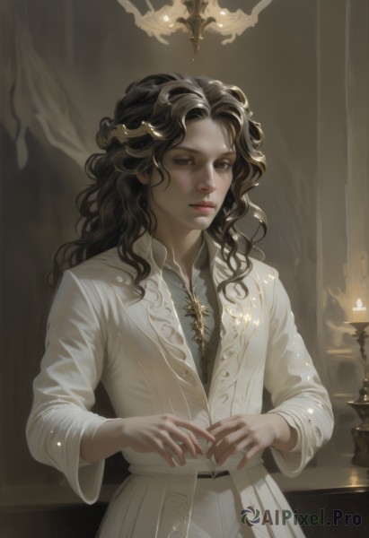 1girl,solo,long hair,looking at viewer,brown hair,shirt,black hair,hair ornament,long sleeves,brown eyes,jewelry,closed mouth,standing,upper body,male focus,cowboy shot,indoors,lips,wavy hair,curly hair,realistic,white pants,candle,bangs,1boy,white shirt,earrings,belt,signature,white robe,candlestand