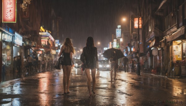 long hair,multiple girls,skirt,blonde hair,brown hair,black hair,dress,holding,2girls,standing,jacket,outdoors,shoes,shorts,barefoot,black skirt,water,bag,from behind,wet,bare legs,night,umbrella,ground vehicle,building,scenery,motor vehicle,reflection,walking,rain,holding umbrella,city,sign,chinese text,facing away,car,road,lamppost,street,crowd,puddle,neon lights,people,shirt,sky,artist name,blurry,black dress,high heels,city lights,storefront