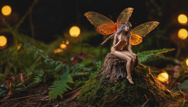 1girl,solo,long hair,breasts,hair ornament,red eyes,medium breasts,sitting,flower,nude,outdoors,wings,barefoot,pointy ears,nail polish,blurry,feet,tree,night,depth of field,bug,nature,forest,toenails,fantasy,antennae,fairy,butterfly wings,tree stump,blue hair,lips,legs,butterfly,fairy wings