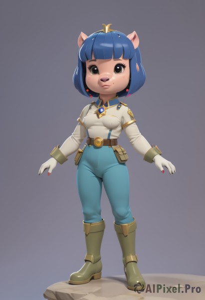 1girl,solo,breasts,looking at viewer,blush,smile,short hair,bangs,simple background,shirt,hair ornament,gloves,long sleeves,animal ears,brown eyes,jewelry,medium breasts,closed mouth,blue hair,standing,full body,white shirt,sidelocks,earrings,small breasts,boots,shiny,collared shirt,belt,pants,artist name,white gloves,signature,blunt bangs,grey background,nail polish,black eyes,shiny hair,lips,gradient,gradient background,makeup,happy,bob cut,knee boots,tiara,gem,red nails,furry,single earring,pouch,furry female,blue pants,shirt tucked in,blue gemstone,mole,mole under eye