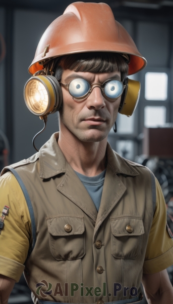 solo,looking at viewer,blue eyes,brown hair,shirt,black hair,1boy,hat,upper body,short sleeves,male focus,parted lips,glasses,belt,indoors,blurry,uniform,vest,blurry background,facial hair,headphones,helmet,beard,headset,pocket,wide-eyed,realistic,nose,round eyewear,stubble,breast pocket,closed mouth,lips,blue shirt,brown jacket,mustache,hardhat