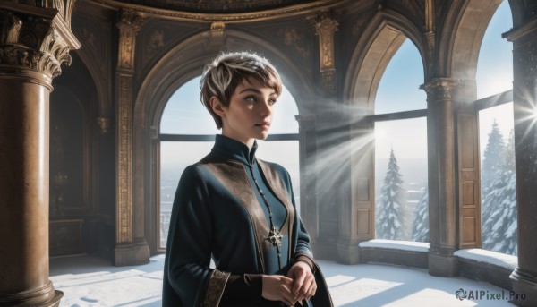 1girl,solo,looking at viewer,short hair,brown hair,long sleeves,dress,brown eyes,jewelry,upper body,outdoors,sky,day,indoors,necklace,tree,lips,window,sunlight,own hands together,cross,breath,snow,snowing,very short hair,winter,pillar,church,arch,column,pine tree,breasts,black hair,earrings,pendant,nose