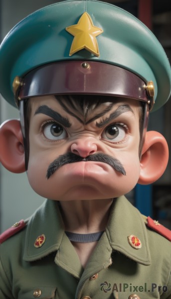 solo,looking at viewer,short hair,brown hair,shirt,black hair,1boy,hat,brown eyes,closed mouth,upper body,male focus,choker,star (symbol),blurry,uniform,black eyes,v-shaped eyebrows,military,military uniform,buttons,blurry background,facial hair,beret,thick eyebrows,portrait,close-up,serious,military hat,green jacket,realistic,green headwear,green shirt,mustache,military jacket,medal,soldier,soviet,jacket,frown,peaked cap,blue headwear,hat ornament,pocket,breast pocket,manly,badge,world war ii,hammer and sickle