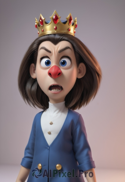 1girl,solo,looking at viewer,short hair,open mouth,blue eyes,simple background,brown hair,shirt,jacket,white shirt,upper body,teeth,medium hair,flat chest,buttons,crown,sharp teeth,blue jacket,child,freckles,wide-eyed,female child,black hair,lips,thick eyebrows,gem,genderswap,genderswap (mtf),realistic,nose